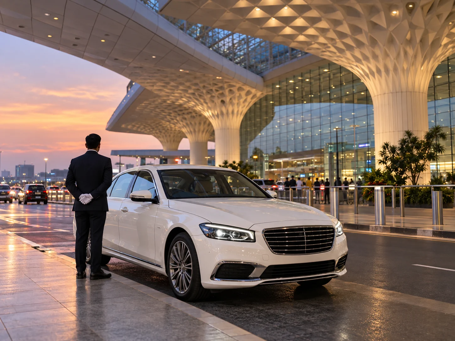 Illustration of a chauffeur and corporate car at a Mumbai airport terminal