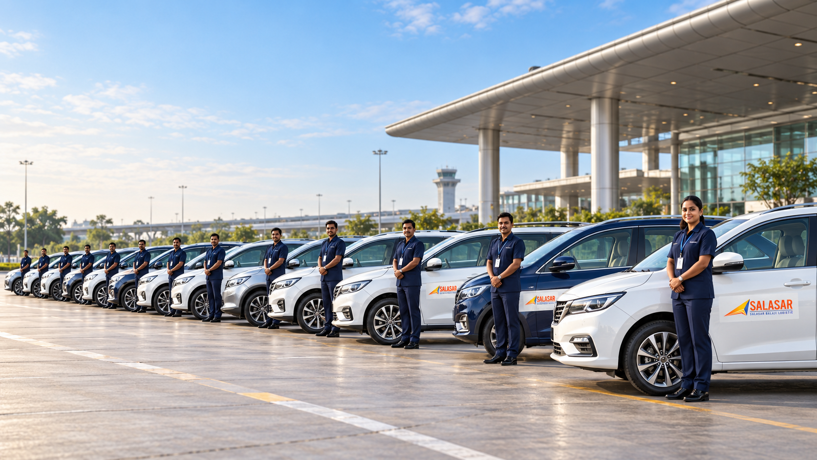 Illustrative side view of SBL-branded cabs lined up with uniformed chauffeurs